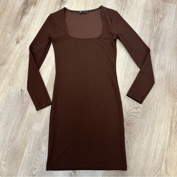 Zara Brown Ribbed Long Sleeve Mini Dress - Picture 3 of 6